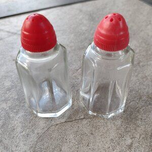 Vintage Hazel Atlas Glass with Red Plastic Tops Salt and Pepper Shakers